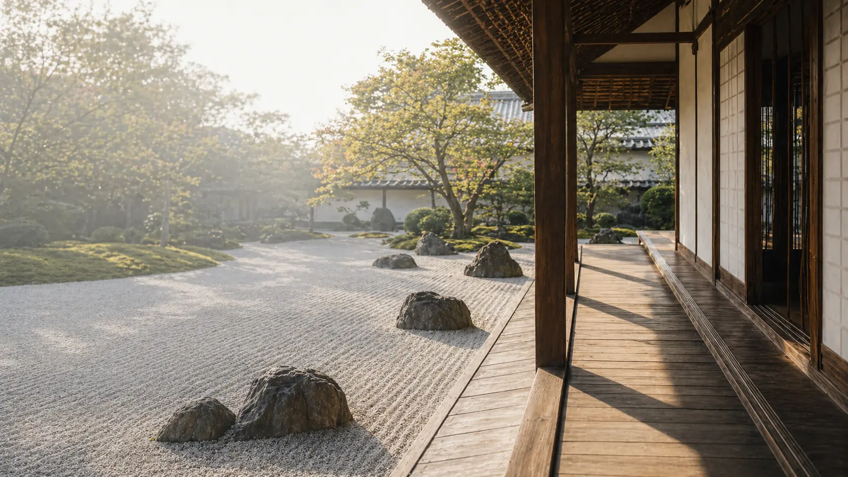 日本寺院の廊下と庭